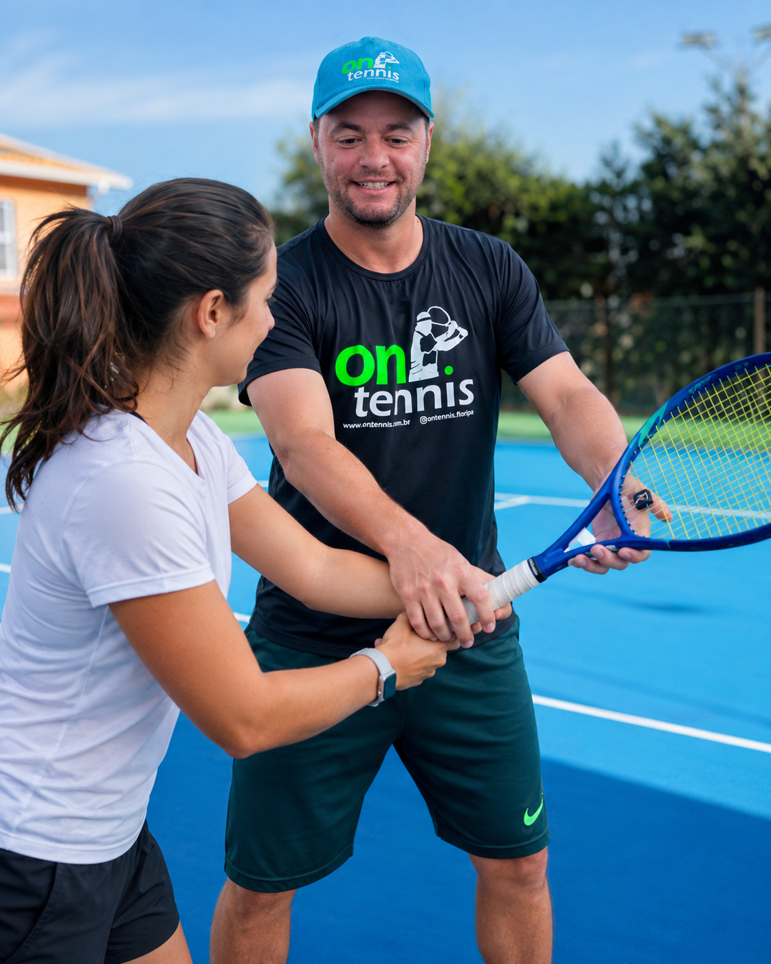 Professor Olimpio orientando aluna em quadra